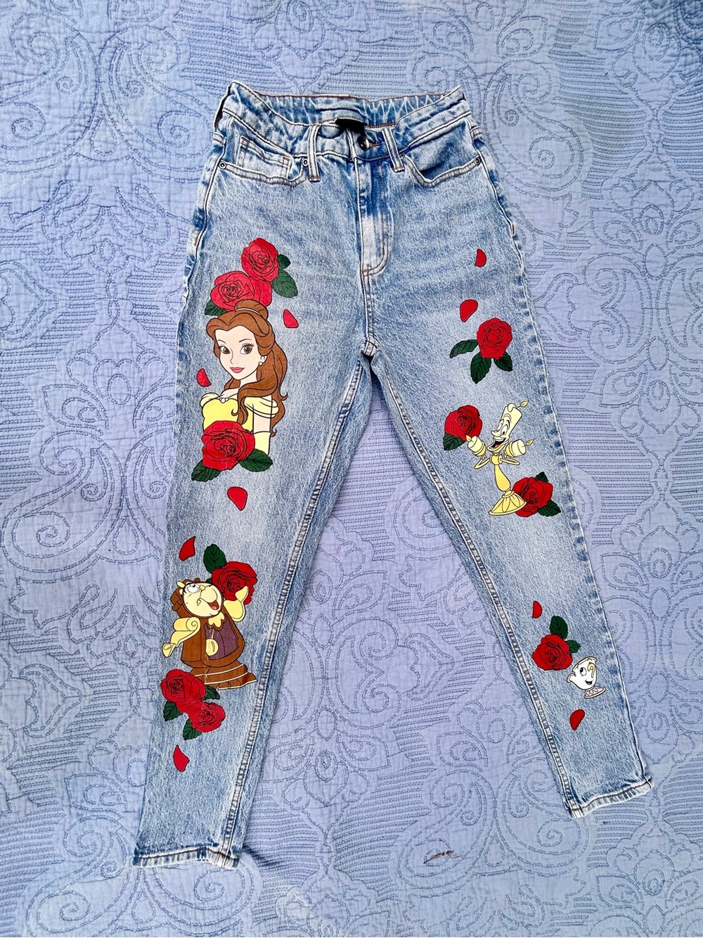 High wasted Painted  Disney princess Bell Light Wash Mom Jeans